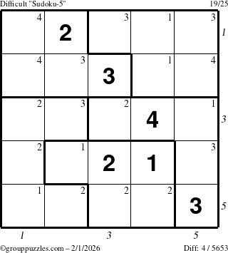 The grouppuzzles.com Difficult Sudoku-5 puzzle for Sunday February 1, 2026, suitable for printing, with all 4 steps marked