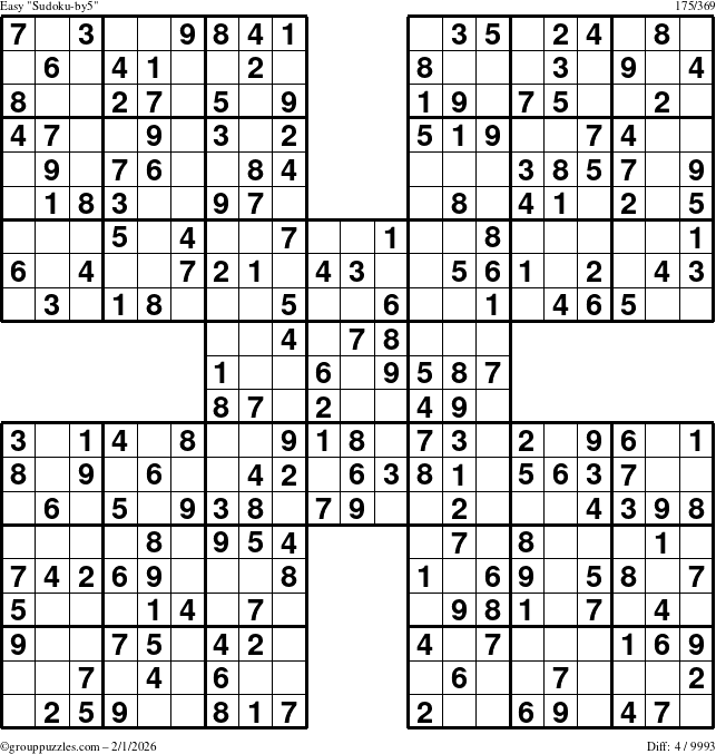 The grouppuzzles.com Easy Sudoku-by5 puzzle for Sunday February 1, 2026