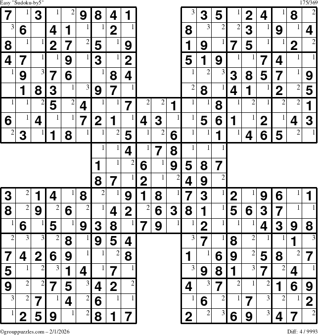 The grouppuzzles.com Easy Sudoku-by5 puzzle for Sunday February 1, 2026 with the first 3 steps marked