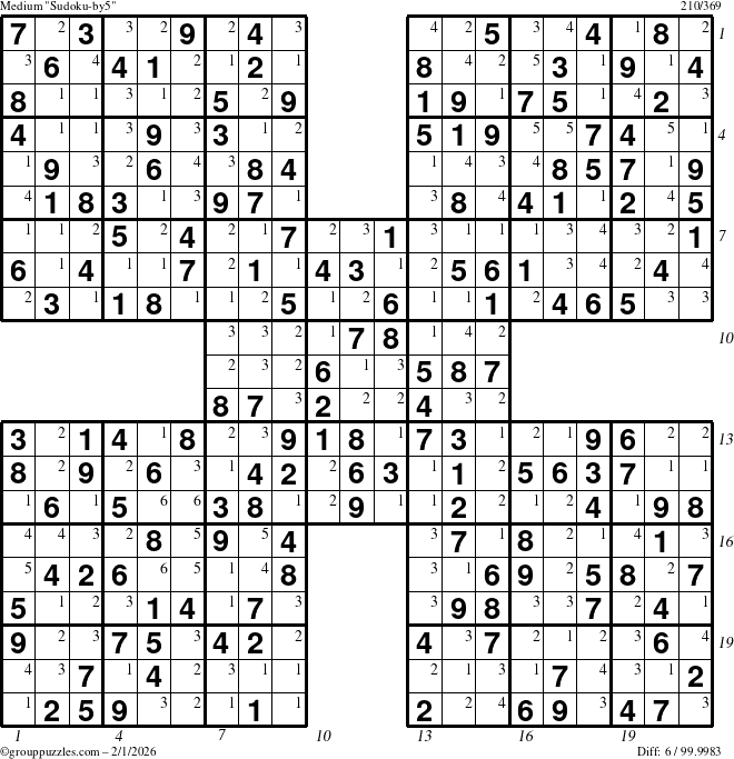 The grouppuzzles.com Medium Sudoku-by5 puzzle for Sunday February 1, 2026, suitable for printing, with all 6 steps marked