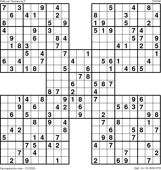 The grouppuzzles.com Difficult Sudoku-by5 puzzle for Sunday February 1, 2026