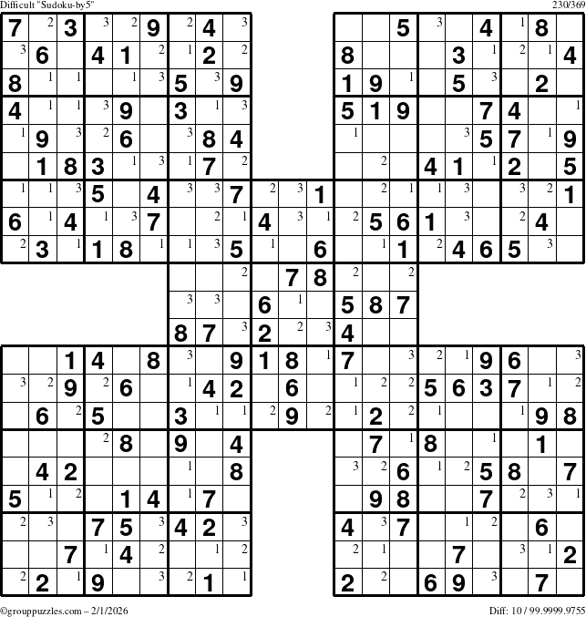The grouppuzzles.com Difficult Sudoku-by5 puzzle for Sunday February 1, 2026 with the first 3 steps marked