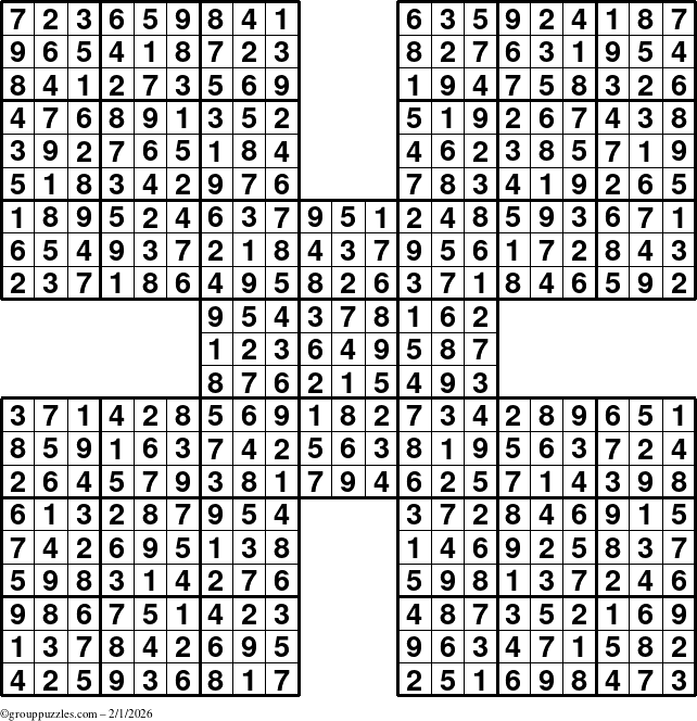 The grouppuzzles.com Answer grid for the Sudoku-by5 puzzle for Sunday February 1, 2026