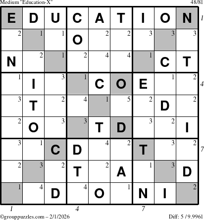The grouppuzzles.com Medium Education-X puzzle for Sunday February 1, 2026 with all 5 steps marked
