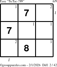 The grouppuzzles.com Easy TicTac-789 puzzle for Sunday February 1, 2026, suitable for printing, with all 2 steps marked