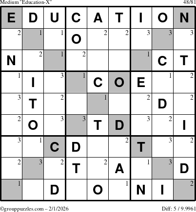 The grouppuzzles.com Medium Education-X puzzle for Sunday February 1, 2026 with the first 3 steps marked
