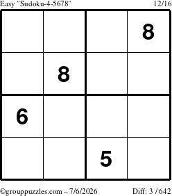 The grouppuzzles.com Easy Sudoku-4-5678 puzzle for Monday July 6, 2026