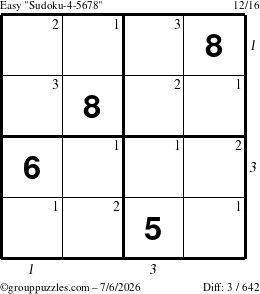 The grouppuzzles.com Easy Sudoku-4-5678 puzzle for Monday July 6, 2026, suitable for printing, with all 3 steps marked
