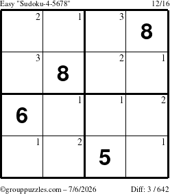 The grouppuzzles.com Easy Sudoku-4-5678 puzzle for Monday July 6, 2026 with the first 3 steps marked
