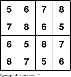 The grouppuzzles.com Answer grid for the Sudoku-4-5678 puzzle for Monday July 6, 2026
