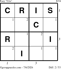 The grouppuzzles.com Easy Cris puzzle for Monday July 6, 2026, suitable for printing, with all 2 steps marked