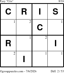 The grouppuzzles.com Easy Cris puzzle for Monday July 6, 2026 with the first 2 steps marked