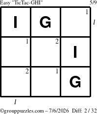 The grouppuzzles.com Easy TicTac-GHI puzzle for Monday July 6, 2026 with all 2 steps marked