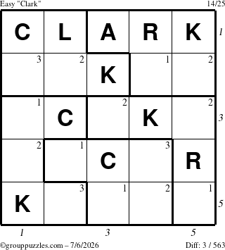 The grouppuzzles.com Easy Clark puzzle for Monday July 6, 2026, suitable for printing, with all 3 steps marked
