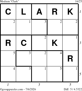 The grouppuzzles.com Medium Clark puzzle for Monday July 6, 2026, suitable for printing, with all 5 steps marked