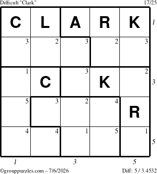 The grouppuzzles.com Difficult Clark puzzle for Monday July 6, 2026, suitable for printing, with all 5 steps marked