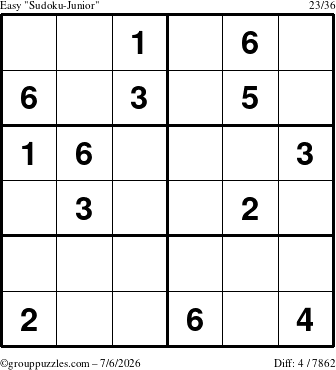 The grouppuzzles.com Easy Sudoku-Junior puzzle for Monday July 6, 2026