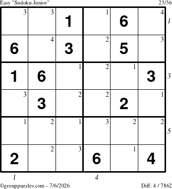 The grouppuzzles.com Easy Sudoku-Junior puzzle for Monday July 6, 2026 with all 4 steps marked