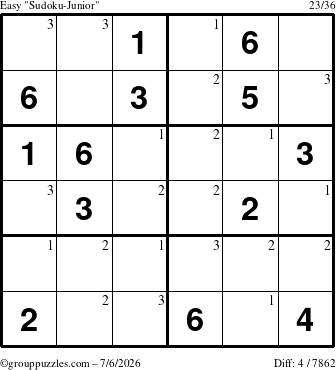 The grouppuzzles.com Easy Sudoku-Junior puzzle for Monday July 6, 2026 with the first 3 steps marked