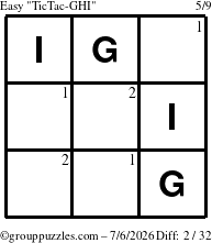 The grouppuzzles.com Easy TicTac-GHI puzzle for Monday July 6, 2026 with the first 2 steps marked