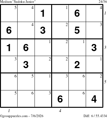 The grouppuzzles.com Medium Sudoku-Junior puzzle for Monday July 6, 2026, suitable for printing, with all 6 steps marked