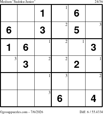The grouppuzzles.com Medium Sudoku-Junior puzzle for Monday July 6, 2026 with the first 3 steps marked