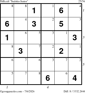 The grouppuzzles.com Difficult Sudoku-Junior puzzle for Monday July 6, 2026, suitable for printing, with all 8 steps marked
