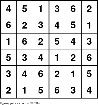The grouppuzzles.com Answer grid for the Sudoku-Junior puzzle for Monday July 6, 2026