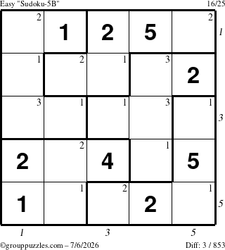 The grouppuzzles.com Easy Sudoku-5B puzzle for Monday July 6, 2026 with all 3 steps marked