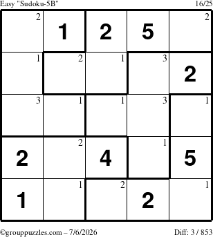 The grouppuzzles.com Easy Sudoku-5B puzzle for Monday July 6, 2026 with the first 3 steps marked