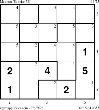 The grouppuzzles.com Medium Sudoku-5B puzzle for Monday July 6, 2026 with all 5 steps marked