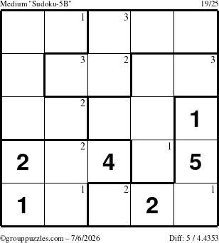 The grouppuzzles.com Medium Sudoku-5B puzzle for Monday July 6, 2026 with the first 3 steps marked