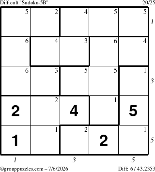 The grouppuzzles.com Difficult Sudoku-5B puzzle for Monday July 6, 2026, suitable for printing, with all 6 steps marked