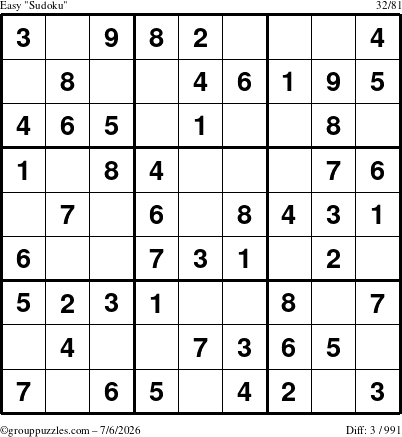The grouppuzzles.com Easy Sudoku puzzle for Monday July 6, 2026