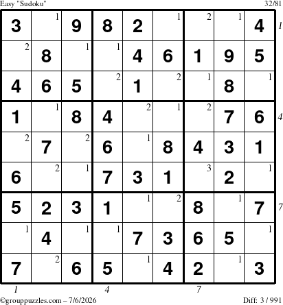 The grouppuzzles.com Easy Sudoku puzzle for Monday July 6, 2026 with all 3 steps marked