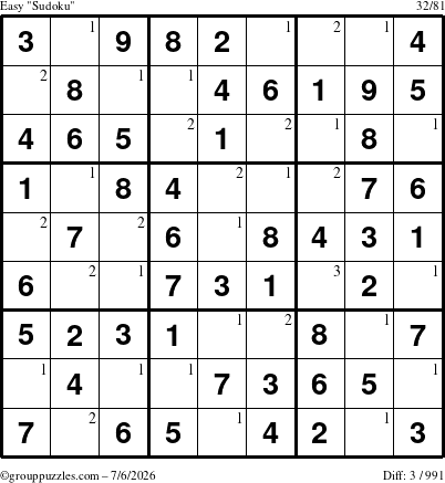 The grouppuzzles.com Easy Sudoku puzzle for Monday July 6, 2026 with the first 3 steps marked