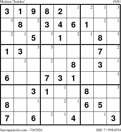 The grouppuzzles.com Medium Sudoku puzzle for Monday July 6, 2026 with the first 3 steps marked