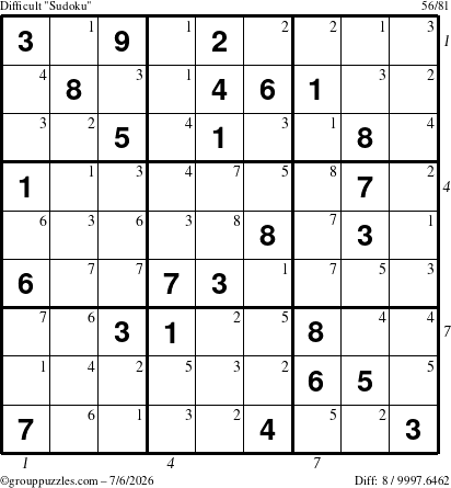 The grouppuzzles.com Difficult Sudoku puzzle for Monday July 6, 2026 with all 8 steps marked