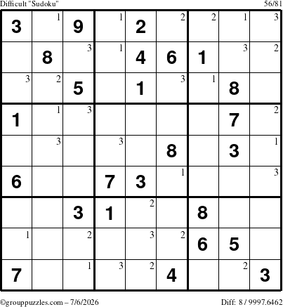 The grouppuzzles.com Difficult Sudoku puzzle for Monday July 6, 2026 with the first 3 steps marked