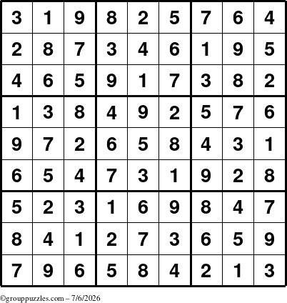 The grouppuzzles.com Answer grid for the Sudoku puzzle for Monday July 6, 2026
