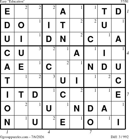 The grouppuzzles.com Easy Education-c1 puzzle for Monday July 6, 2026, suitable for printing, with all 3 steps marked