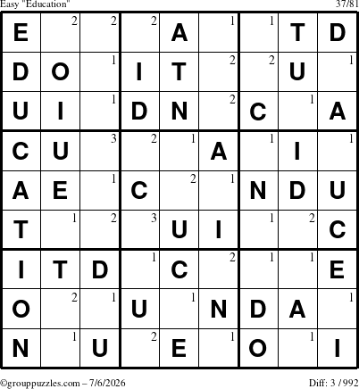 The grouppuzzles.com Easy Education-c1 puzzle for Monday July 6, 2026 with the first 3 steps marked