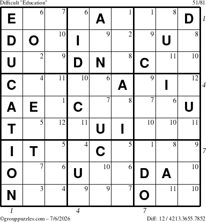 The grouppuzzles.com Difficult Education-c1 puzzle for Monday July 6, 2026, suitable for printing, with all 12 steps marked