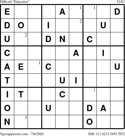 The grouppuzzles.com Difficult Education-c1 puzzle for Monday July 6, 2026 with the first 3 steps marked