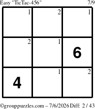 The grouppuzzles.com Easy TicTac-456 puzzle for Monday July 6, 2026 with the first 2 steps marked