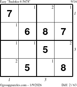 The grouppuzzles.com Easy Sudoku-4-5678 puzzle for Friday January 9, 2026, suitable for printing, with all 2 steps marked