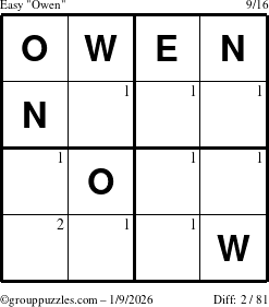 The grouppuzzles.com Easy Owen puzzle for Friday January 9, 2026 with the first 2 steps marked