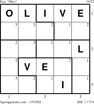 The grouppuzzles.com Easy Olive puzzle for Friday January 9, 2026, suitable for printing, with all 3 steps marked