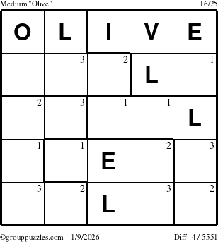 The grouppuzzles.com Medium Olive puzzle for Friday January 9, 2026 with the first 3 steps marked
