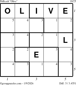 The grouppuzzles.com Difficult Olive puzzle for Friday January 9, 2026, suitable for printing, with all 5 steps marked
